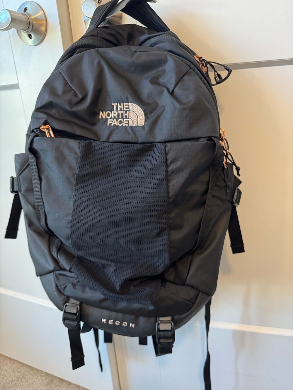 The North Face Black Recon Backpack with Rose Gold Accents